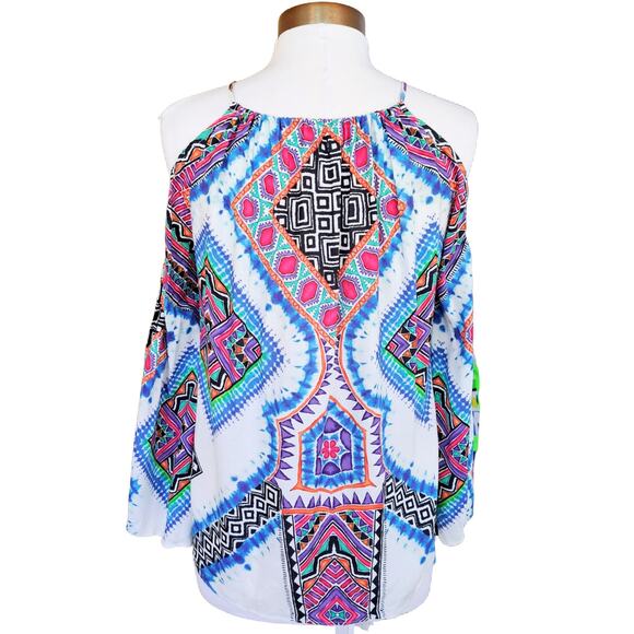 Hale Bob Fumiko Cold Shoulder Blouse Size Small Bell Sleeve Multicolor Boho - Picture 4 of 9
